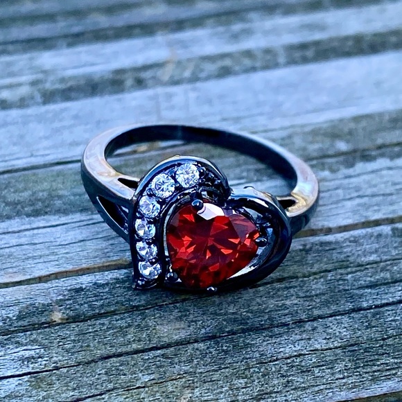 Lab created Ruby heart ring sz 8 black gold plated with Cz - Picture 8 of 16